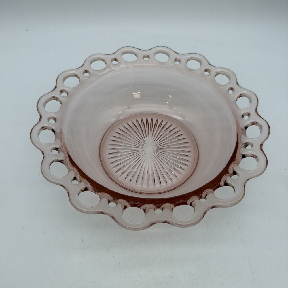 Vintage Pink Depression Glass Lace Edge Bowl Openwork Rim Serving Bowl